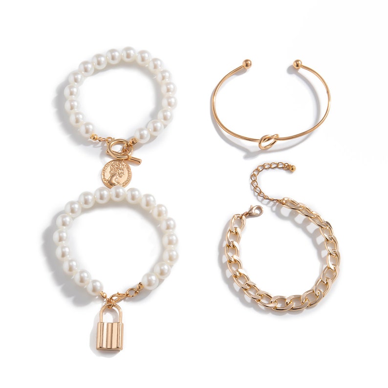 Boho Layered Gold Silver Tone Beaded Pearl Charm Bangle Bracelet Set