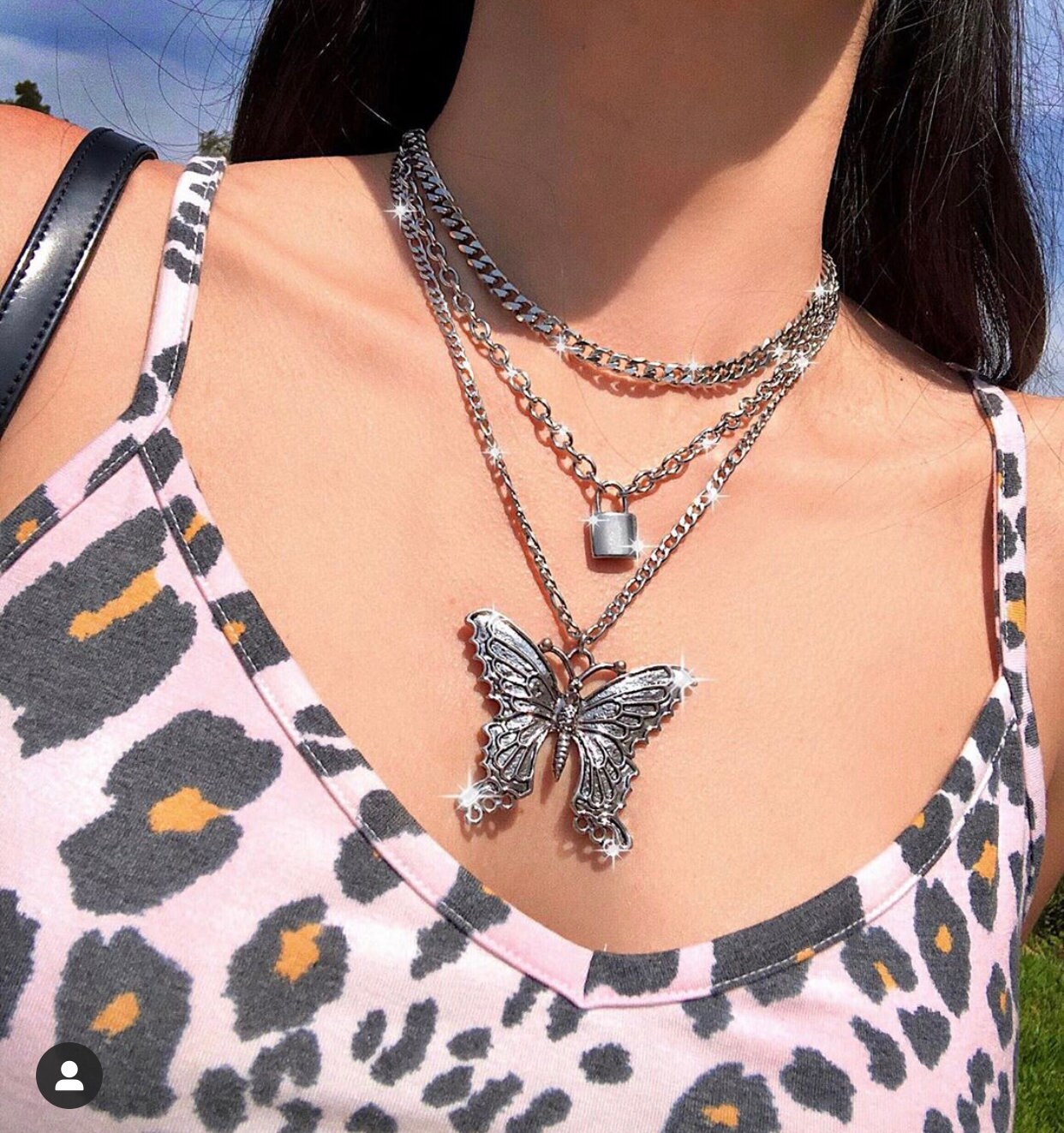 Download Boho Layered Silver Tone Lock & Butterfly Pendant Choker ...