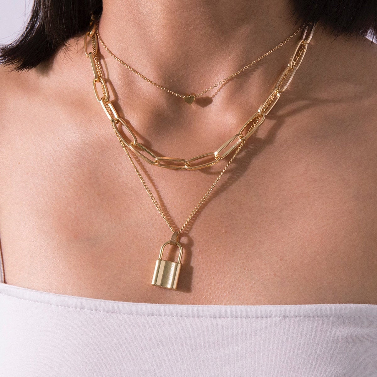 Gold Padlock Necklace Gold Rectangle Chain Necklace Rectangle Chain Lock Necklace