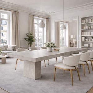 Peut inclure: Un salon lumineux et spacieux avec une grande table à manger en béton et des chaises assorties. Un canapé, des chaises et un tapis gris clair complètent le schéma de couleurs neutres. De hautes fenêtres avec des rideaux beiges et une bibliothèque intégrée.