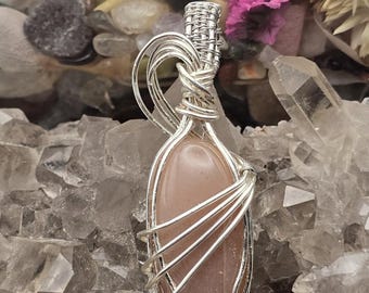 Elegant Hand-crafted Wire Wrapped Peach Moonstone Crystal Pendant