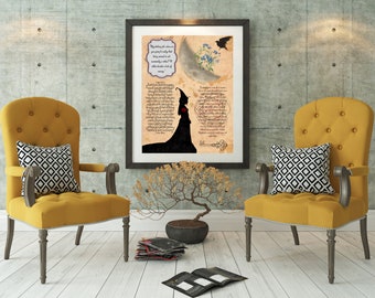 May include: A framed print with a vintage aesthetic featuring a silhouette of a woman in a long dress and a witch's hat. The print includes a crescent moon, a raven, and a quote about the moon. The print is displayed on a wall with two yellow chairs and a bonsai tree in front of it.