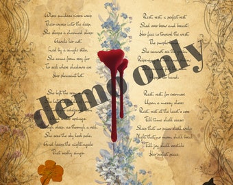 May include: A vintage-style illustration with a poem about a woman's death. The poem is written in a flowing script and is surrounded by flowers and other botanical elements. The image is in shades of brown, blue, and red.