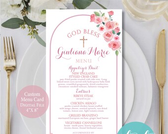 Pink Floral BAPTISM or COMMUNION Custom MENU Card 4" x 8" | Boho Arch Floral Design | Custom Digital File | Religious Event Decor