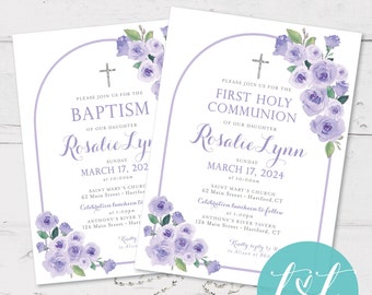 Boho ARCH Purple Floral First COMMUNION & BAPTISM Invitation 5"x7" Digital File | Religious Event Decor |  First Holy Communion Invite 5"x7"