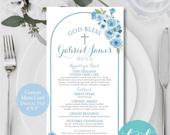 Blue Floral BAPTISM or COMMUNION Custom MENU Card 4" x 8" | Boho Arch Floral Design | Custom Digital File | Religious Event Decor