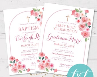 Boho ARCH Pink Floral First COMMUNION & BAPTISM Invitation 5"x7" Digital File | Religious Event Decor |  First Holy Communion Invite 5"x7"