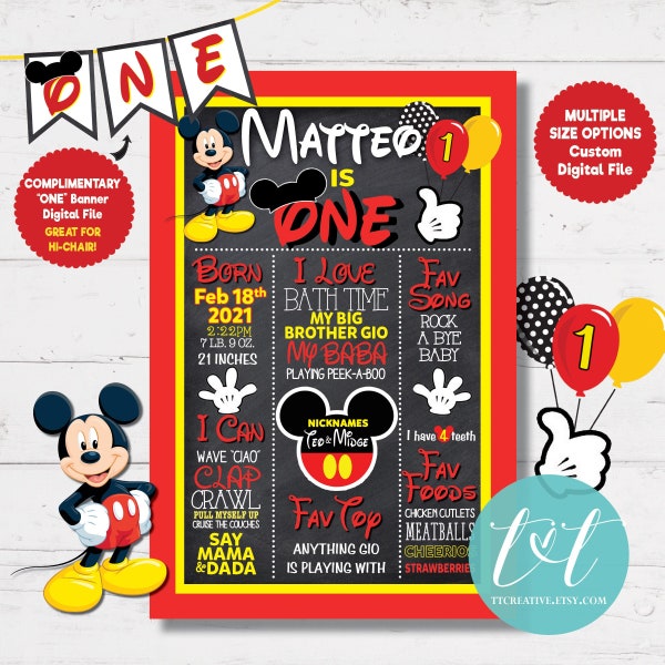 MICKEY MOUSE 1st Year Birthday Milestone Poster | 1st 2nd 3rd 4th Birthday About Me Chalkboard Sign | Custom Digital File | Free ONE Banner