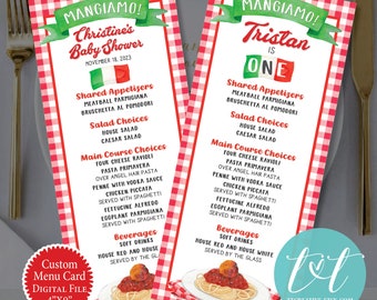 Little MEATBALL MENU Card 4" x 9"  | Holy Cannoli Our Little Meatball is One  | Birthday or Shower Menu Card | Italian Pizza Pasta Party