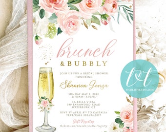 BRUNCH & BUBBLY BRIDAL Shower Invitation 5"x7" | Pink Floral and Gold Mimosa Champagne Invite | Digital File Only