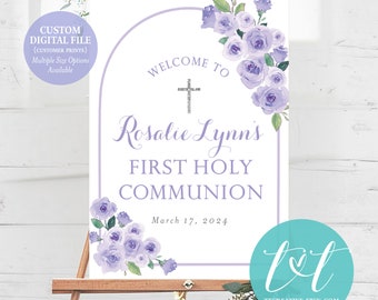 First Holy COMMUNION or BAPTISM WELCOME Poster Sign | Purple Boho Arch Floral Design| Custom Digital File  (Customer Prints )