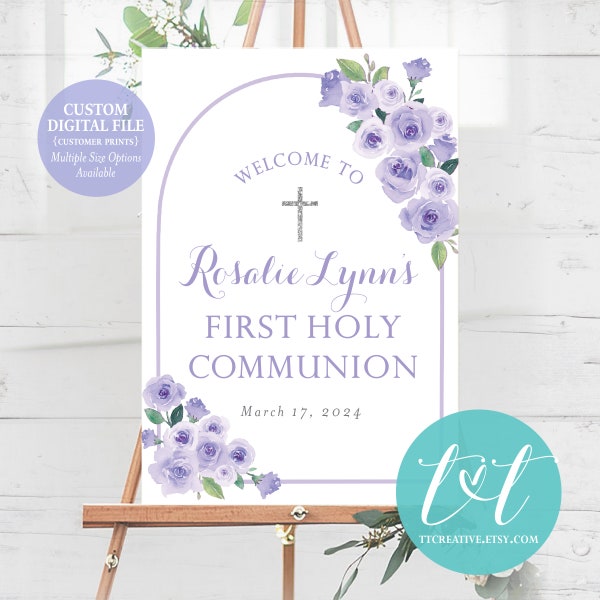 First Holy COMMUNION or BAPTISM WELCOME Poster Sign | Purple Boho Arch Floral Design| Custom Digital File  (Customer Prints )