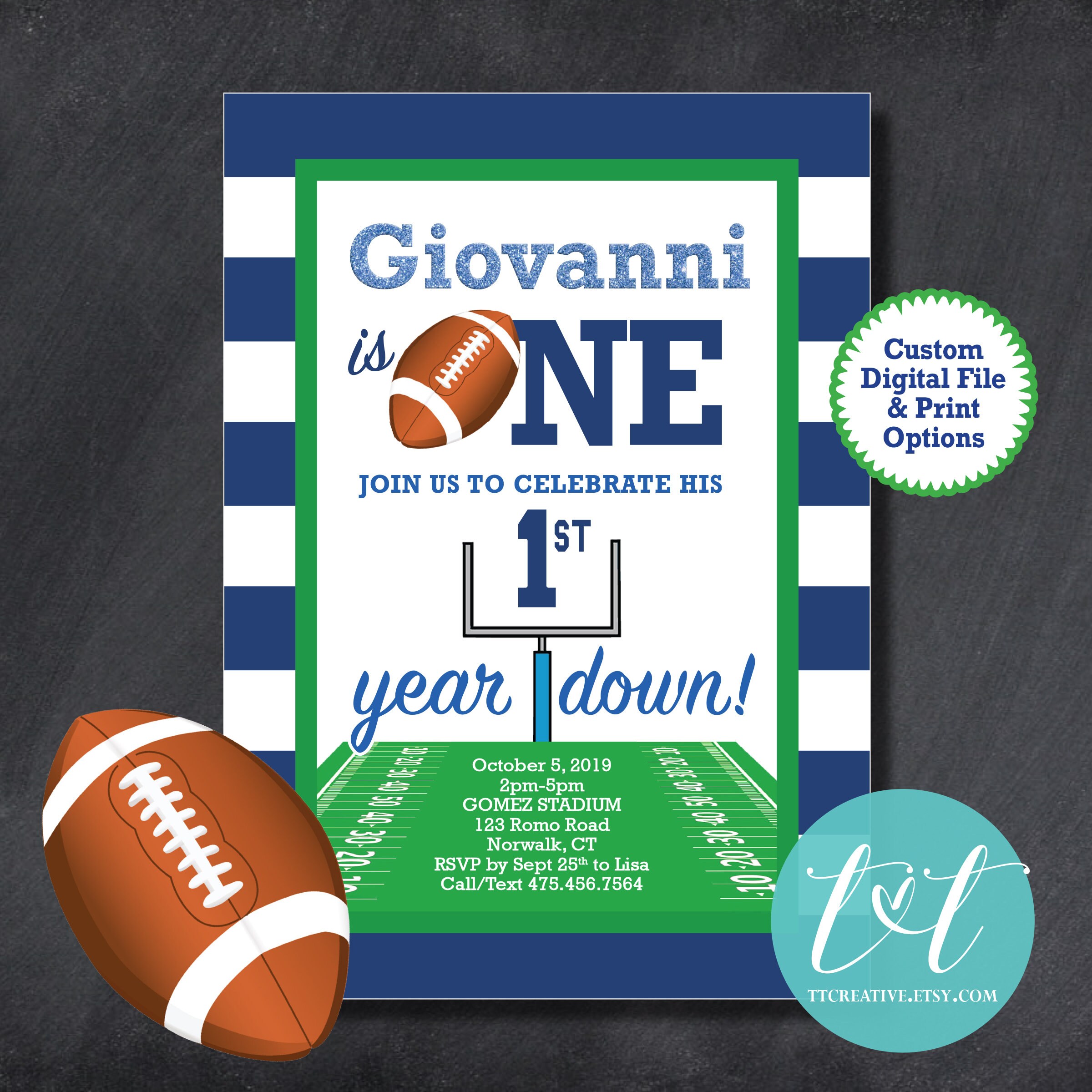 FOOTBALL 1st Year Down BIRTHDAY INVITATION 5x7 | Etsy