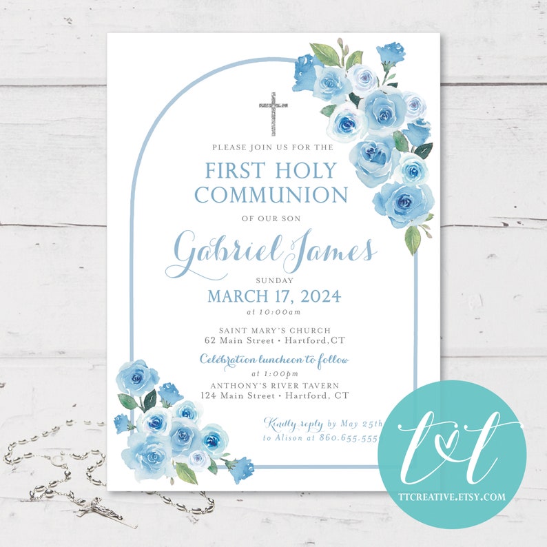 Boho ARCH Blue Floral First COMMUNION & BAPTISM Invitation 5x7 Digital File Religious Event Decor First Holy Communion Invite 5x7 image 3
