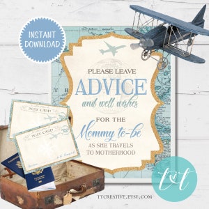 TRAVEL BABY SHOWER Advice for the Mommy-to-be Cards and Sign 8"x10" Instant Download, Precious Cargo Travel Baby Boy Shower