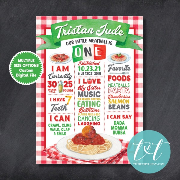 Little MEATBALL 1st Year Birthday MILESTONE Poster | DIGITAL File Only 1st 2nd 3rd 4th Birthday About Me Chalkboard Sign | Pasta Birthday