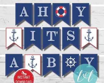 Nautical Baby Shower Ahoy It's a Boy Baby Shower Custom BANNER Instant Download