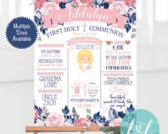 Holy Communion, First Communion, Custom Chalkboard Poster, Personalized DIGITAL FILE ONLY, Religious Sign, About me Poster Pink & Navy Blue