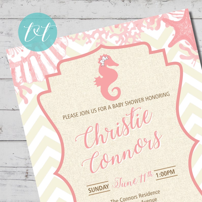 Beach Baby Shower Pink Seahorse Girl BABY SHOWER Invitation Etsy