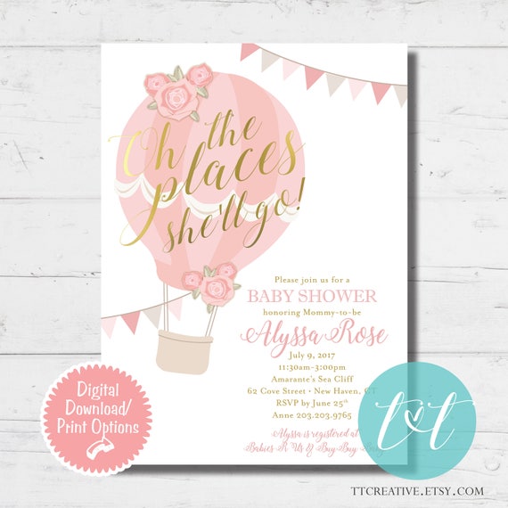 Digital Printable Oh The Places Shell Go Hot Air Balloons BABY SHOWER Invitation Pink /& Gold Girl Baby Shower Girl Baby Shower Invite