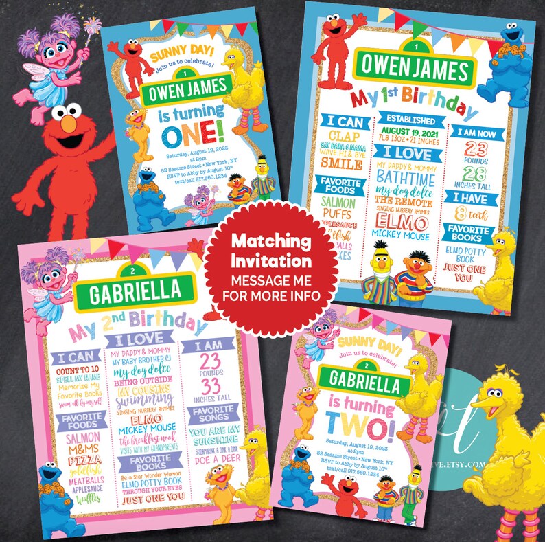 SESAME STREET 1st Year Birthday MILESTONE Poster, 1st 2nd 3rd 4th Birthday About Me Chalkboard Sign, Custom Digital FIle Elmo Birthday image 3