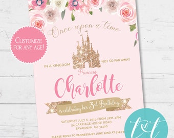 Princess Castle Birthday Party Invite 5"x7", Pink and Gold Princess Birthday Invitation, Custom Digital File