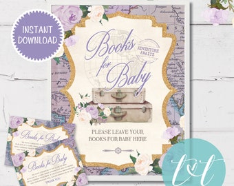 Travel Baby Shower BOOKS FOR BABY Cards and Table Sign 8"x10" | Precious Cargo Baby Shower | Books for Baby Cards and sign | Lavender Purple