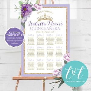 QUINCEANERA Party SEATING Chart Poster 24 x 36 Purple Lavender Quince 15th Birthday Seating Poster DIGITAL File Only image 1