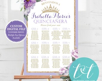 QUINCEANERA Party SEATING Chart Poster 24" x 36" | Purple Lavender Quince 15th Birthday Seating Poster | DIGITAL File Only