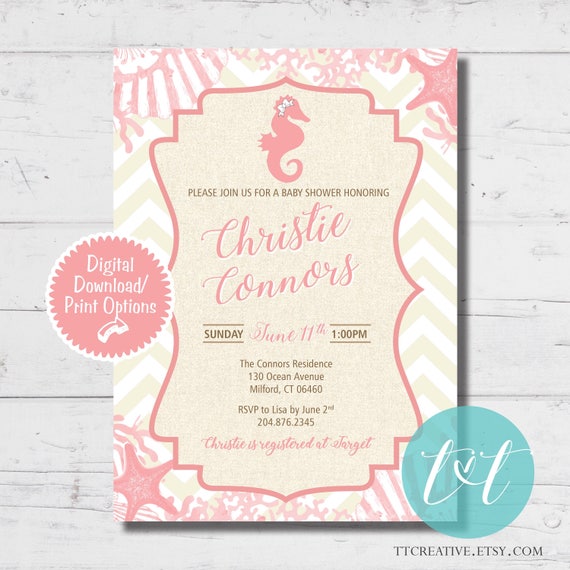 Beach Baby Shower, Pink Seahorse Girl BABY SHOWER Invitation 