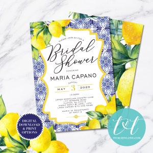 LEMON POSITANO Bridal SHOWER Invitation | Lemon Blue Tile Shower Invite 5"x7" | Custom Digital File and Print Options