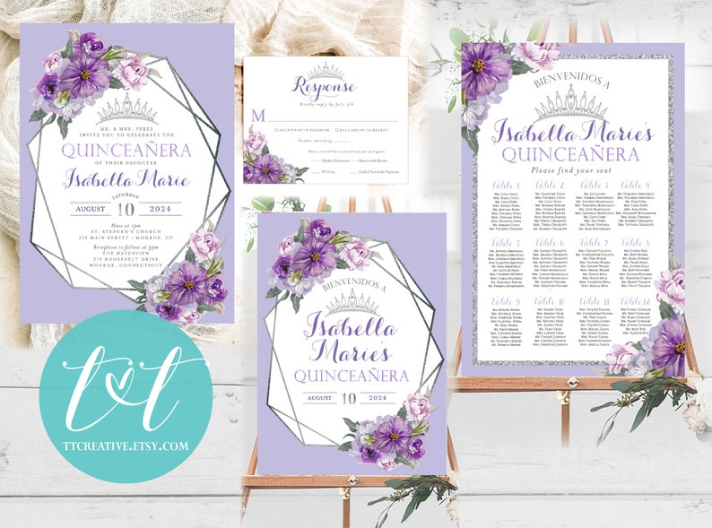 QUINCEANERA Party SEATING Chart Poster 24 x 36 Purple Lavender Quince 15th Birthday Seating Poster DIGITAL File Only image 4