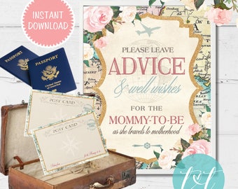 TRAVEL BABY SHOWER Advice for the Mommy-to-be Cards and Sign 8"x10" Instant Download, Traveling from Miss to Mrs Advice Cards