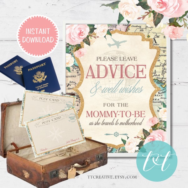 TRAVEL BABY SHOWER Advice for the Mommy-to-be Cards and Sign 8"x10" Instant Download, Traveling from Miss to Mrs Advice Cards