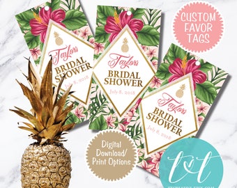 Tropical Bridal Shower Favor Tags 3.5" x 1.75" Custom Digital Download, GOLD Pineapple TROPICAL SHOWER