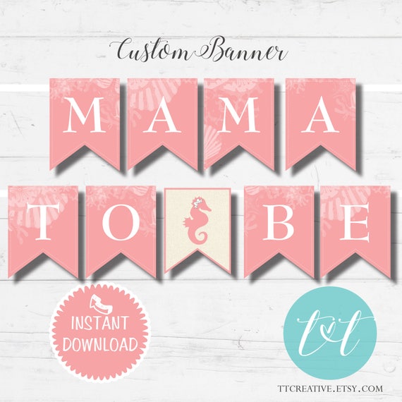 Beach Baby Shower, MAMA TO BE Banner Pink Seahorse Girl Baby