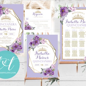QUINCEANERA Party SEATING Chart Poster 24 x 36 Purple Lavender Quince 15th Birthday Seating Poster DIGITAL File Only image 3