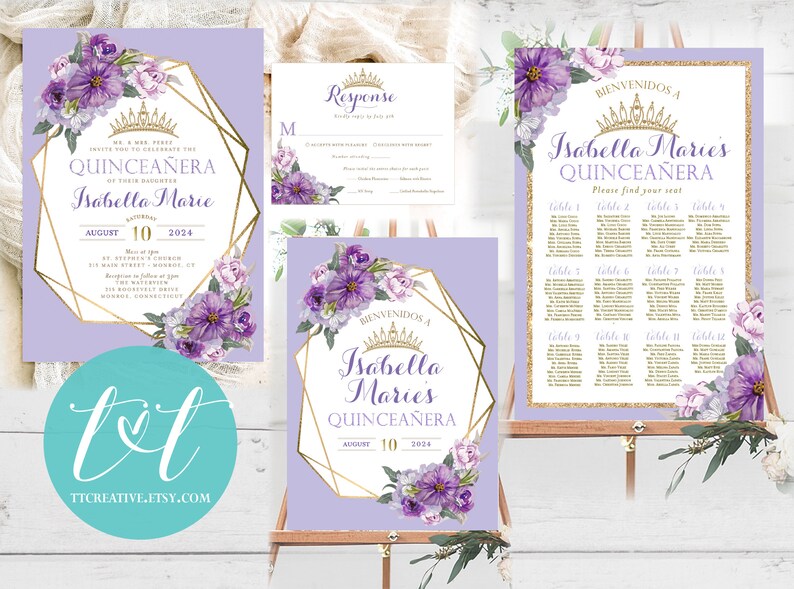 QUINCEANERA Party SEATING Chart Poster 24 x 36 Purple Lavender Quince 15th Birthday Seating Poster DIGITAL File Only image 3