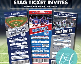 SPORTS STAG TICKET Invitation, Bachelor Party Invitation, Sports Lover Stag Ticket Invite 3.5" x 8.5"