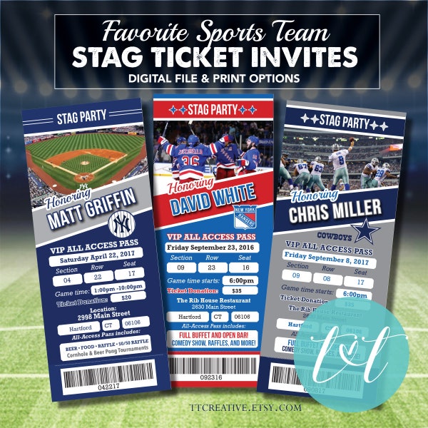 SPORTS STAG TICKET Invitation, Bachelor Party Invitation, Sports Lover Stag Ticket Invite 3.5" x 8.5"