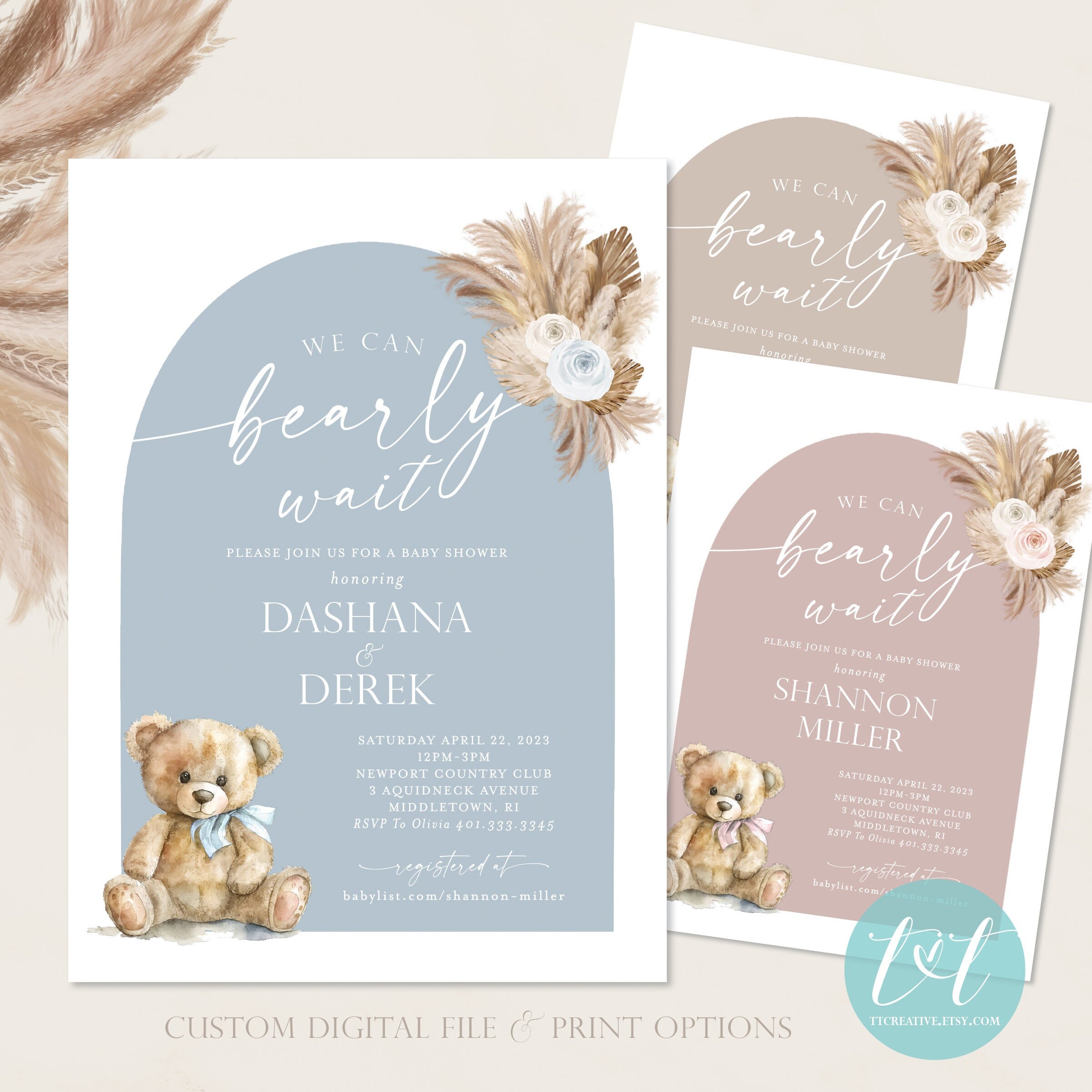 We Can BEARLY Wait BABY SHOWER Invitation 5x7 Custom Digital File Print Options Boho Teddy Bear Shower Theme Boho Arch Design