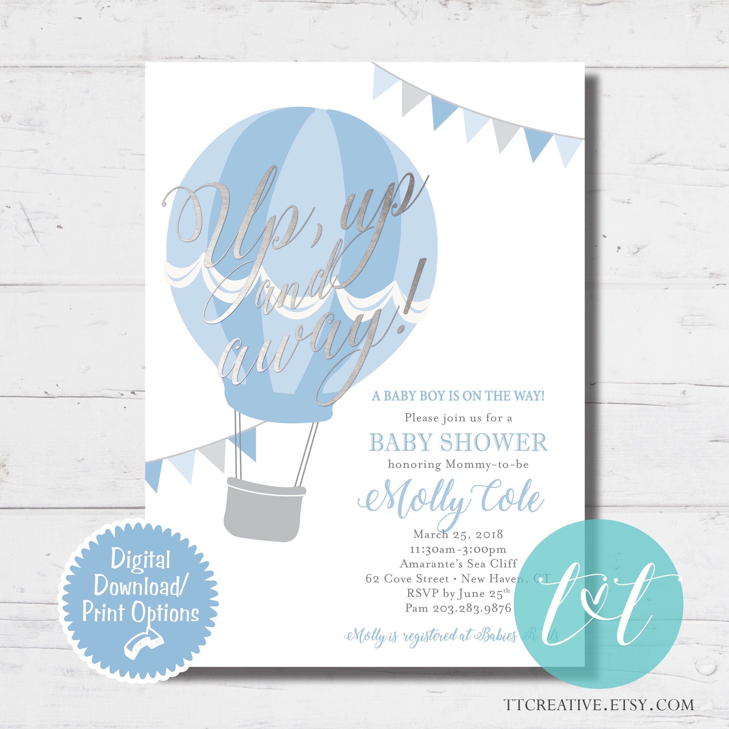 HOT AIR BALLOON up up and Away Baby Boy Shower Invite Adventure