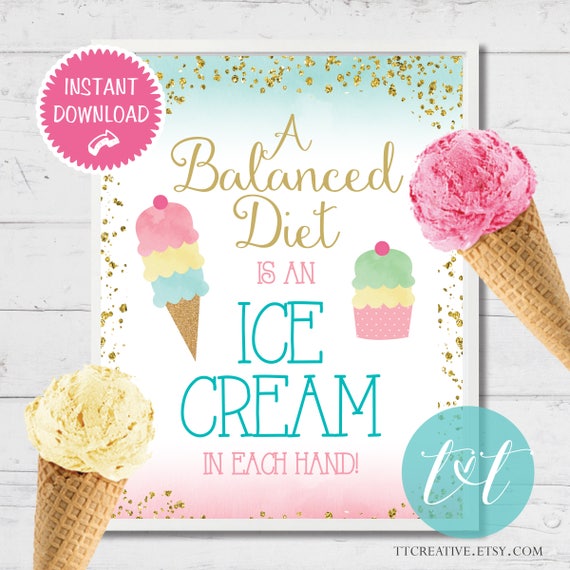 ICE CREAM PARTY Balanced Diet Sign 8x10 Birthday 