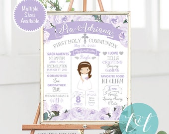 Purple Floral First Holy Communion, Custom Chalkboard Poster, Personalized DIGITAL FILE ONLY, Religious Sign, About me Poster