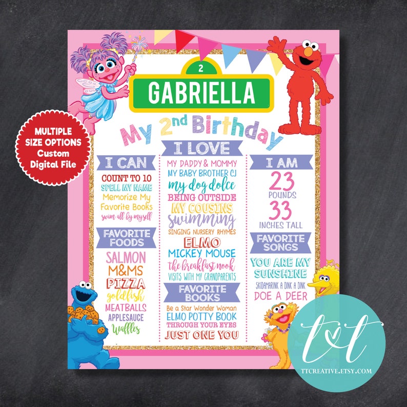 SESAME STREET 1st Year Birthday MILESTONE Poster, 1st 2nd 3rd 4th Birthday About Me Chalkboard Sign, Custom Digital FIle Elmo Birthday image 4