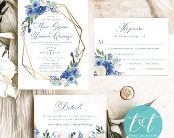 Blue Floral and Gold Geometric Wedding Invitation Suite | Custom Digital Files Only | Invitation, RSVP Card, Details Card| Watercolor Floral