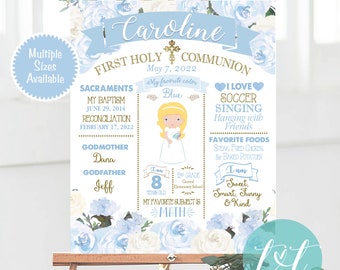 Baby Blue Floral First Holy Communion, Custom Chalkboard Poster, Personalized DIGITAL FILE ONLY, Religious Sign, About me Poster