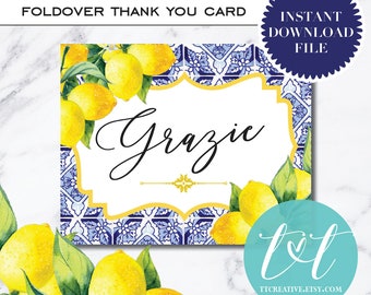 LEMON POSITANO theme Thank You Card DIGITAL File  | Print on your own | "Grazie" Lemon and Blue Tiles Foldover Card | Instant Download