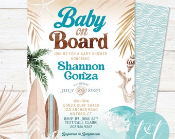 BABY on BOARD BABY Shower Invite 5" x 7" | Retro Surf Beach Baby Shower Theme | Surfboard Invitation | Digital File Only