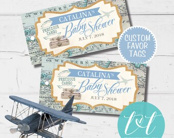 TRAVEL BABY SHOWER Custom Favor Tags 3.5" x 1.75", Precious Cargo Baby Shower Tag, Boy Baby Shower Travel Favor Tags